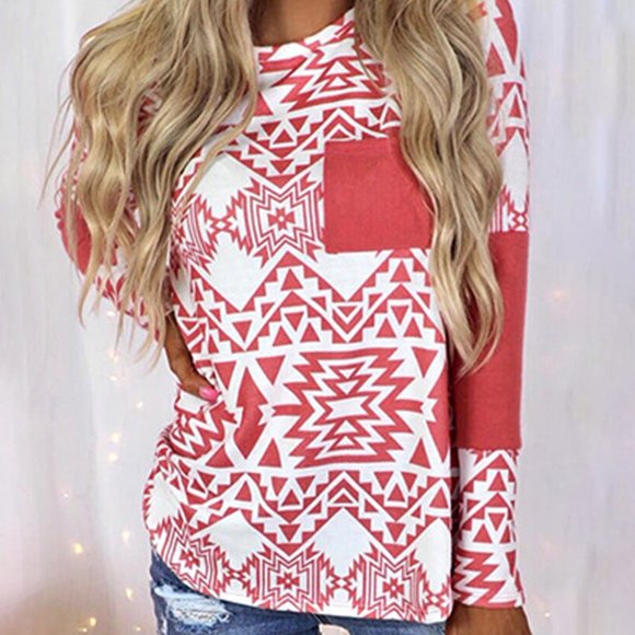 Tops - 1 Left! Deep Coral Aztec Print Long Sleeve Top w/Pocket *